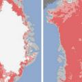 На первом снимке NASA - состояние льда в Гренландии 8 июля, на втором - четырьмя
